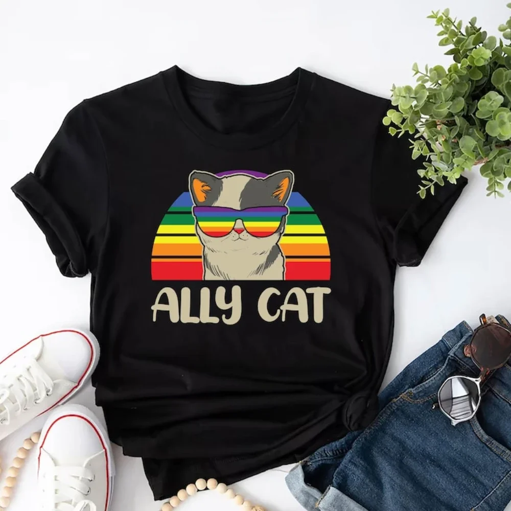 LGBTQ Ally Shirt Rainbow Ally Cat Pride Month  LGBT People T Shirt  Activist Love Is Love Tee Cotton T-shirt Top Pride Ally Cat