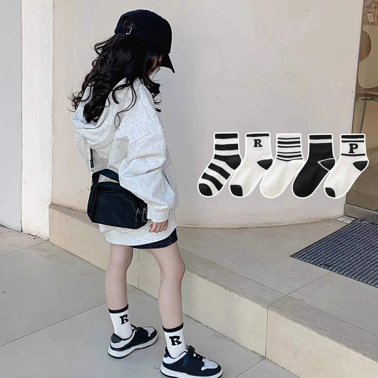 5Pair Black White Striped Middle Tube Socks for Boys Girls Sweat Absorption Breathable Cotton Sock 0-12year Children Sport Socks