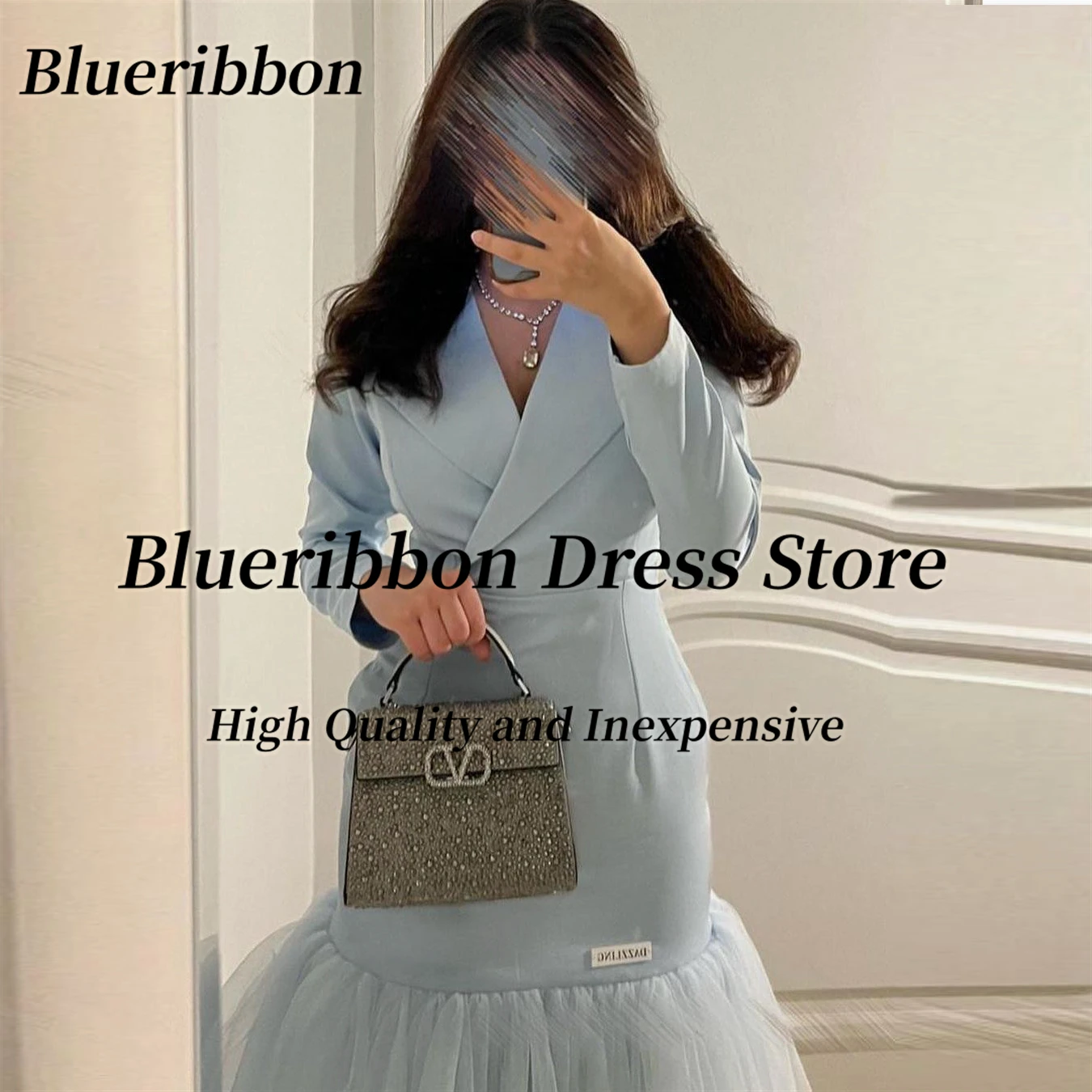 Blueribbon Tea Lengt Mermaid Prom Dresses Long Sleeves V Neck Cocktail Party Dress Short Club Night Gowns