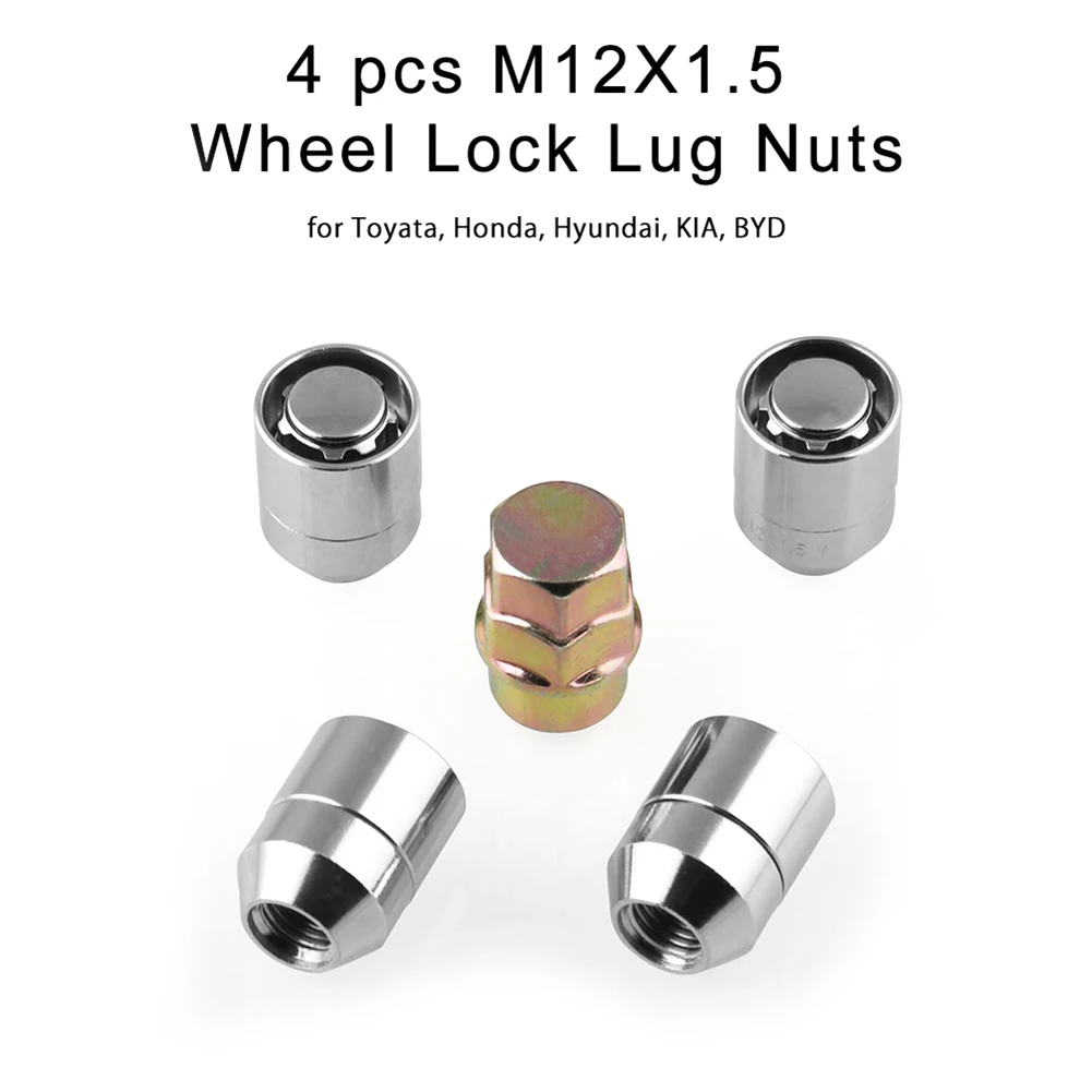 4 Locking Nuts 1 Key Universal Tire Wheel Lock Anti-Theft Screw Lug Nuts M12x1.5 Iron Accessories Easy Installation