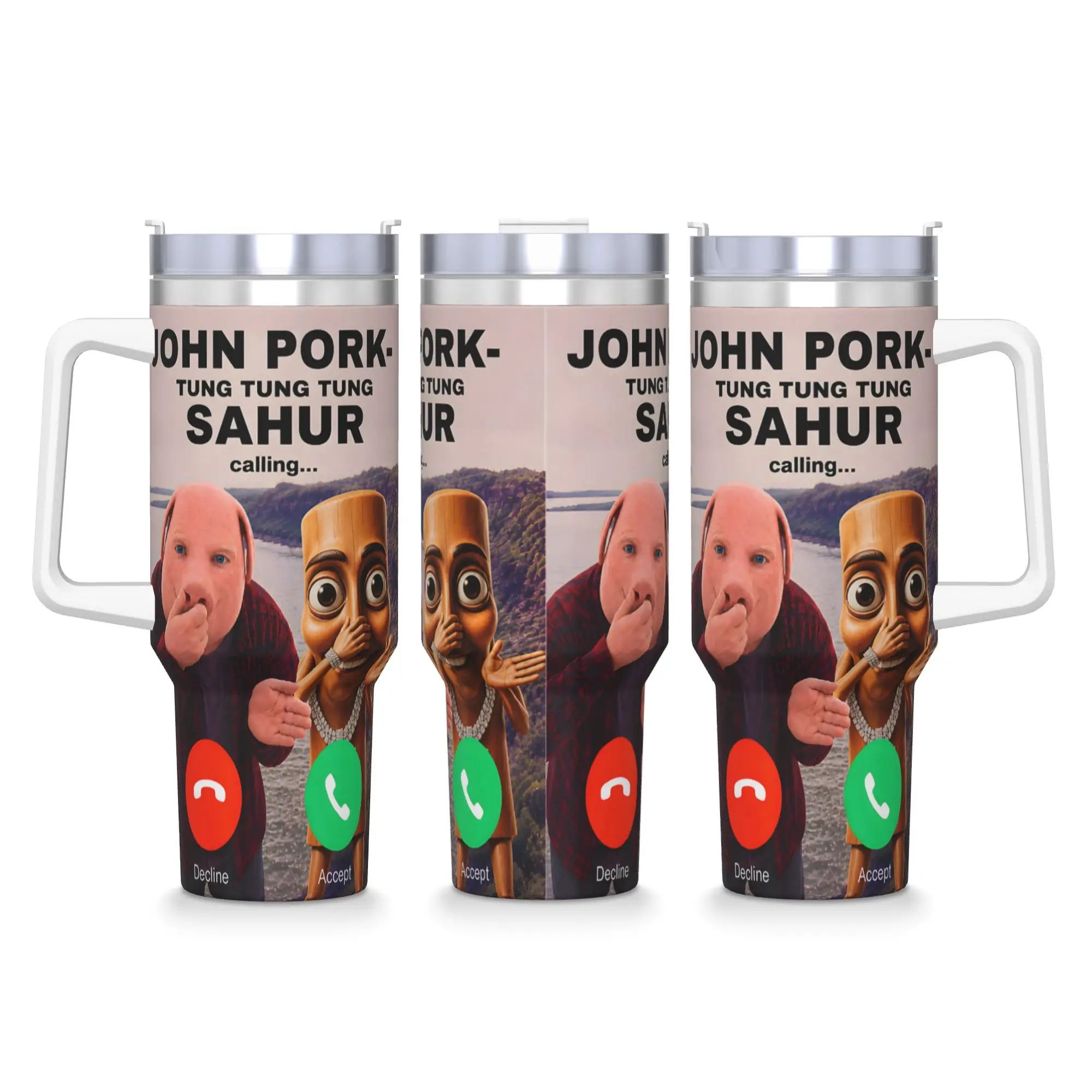 John Pork Tung Tung Tung Sahur Answer Calling Stainless Steel Tumbler  Travel Mugs Cup Thermal Cups Leakproof Tea Water Bottle