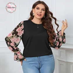 Della Mel Plus Size Women Clothing Blouses Sweet Casual Floral Puff Long Sleeve Chiffon Top Shirts Ladies Party Big Size Blouse