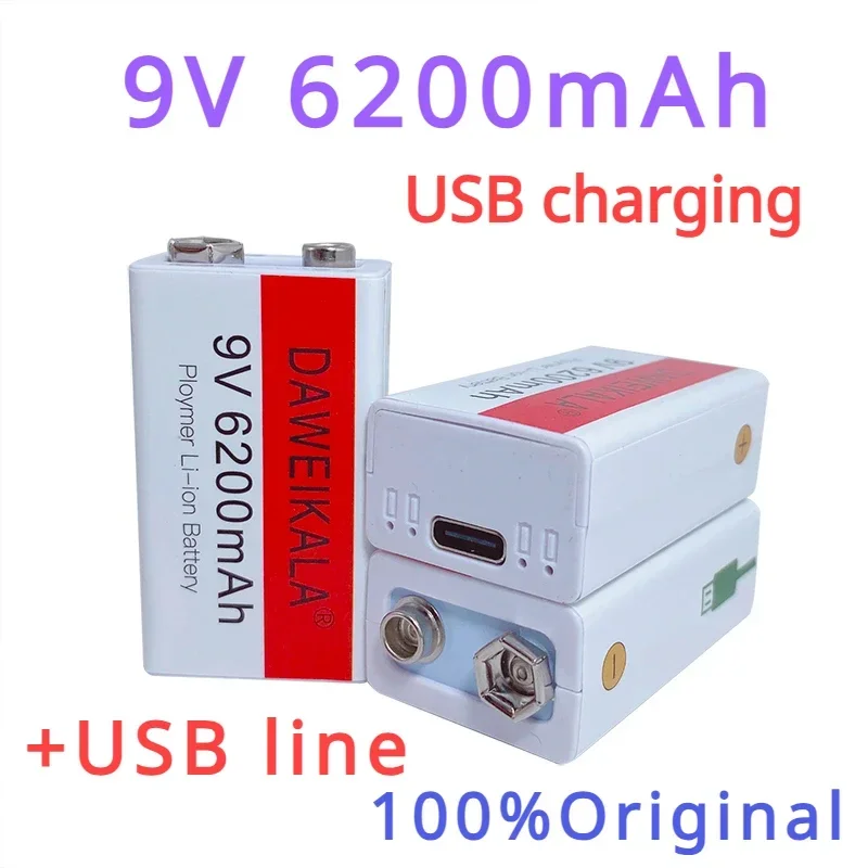 100%Original 9V USB rechargeable Li-Ion battery 9V 6.2Ah is suitable for camera and other series of electronic products+USB line