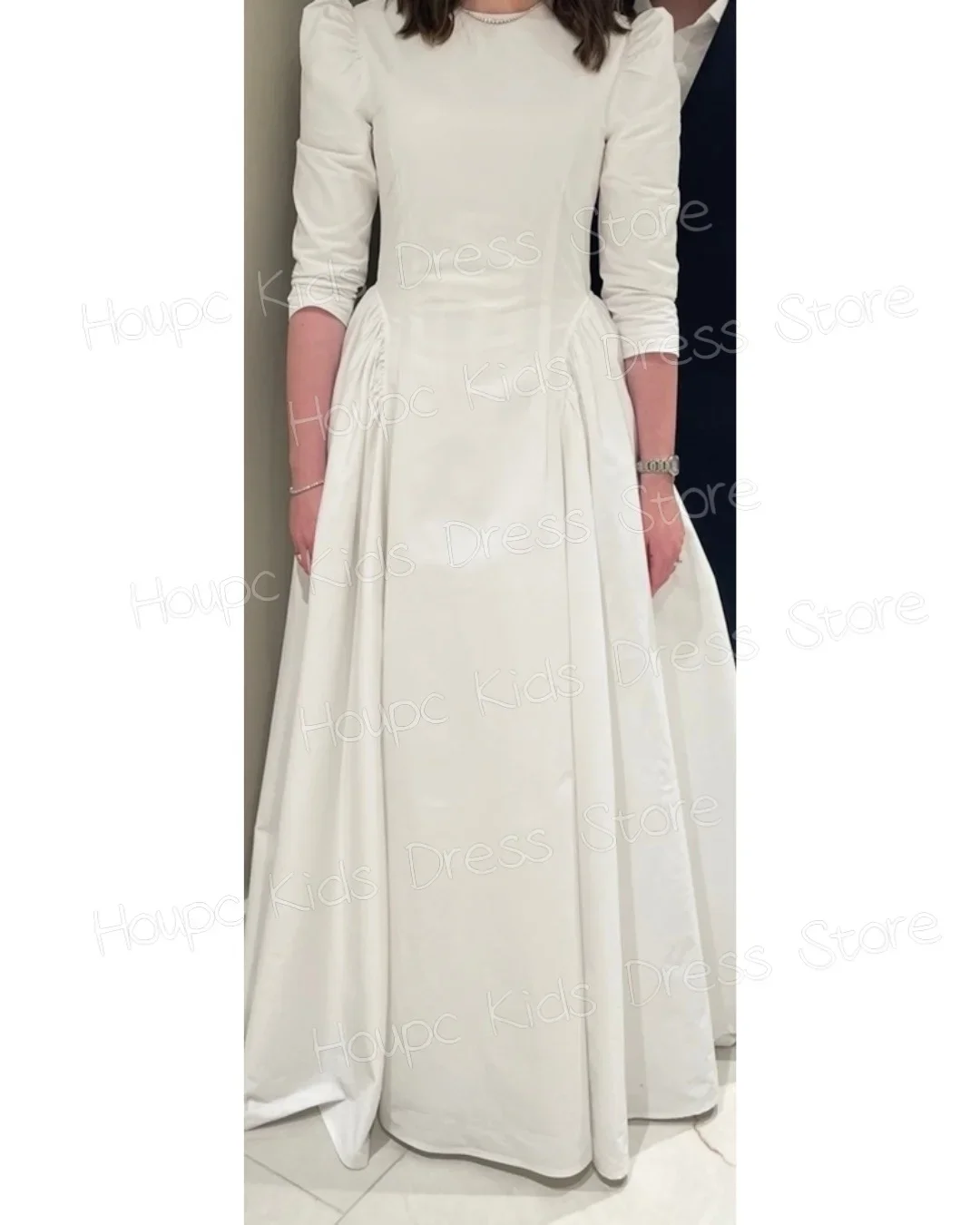 Girls Ivory Satin Long Sleeve Dress Wedding  Round Neck Ruched Waist A-Line Maxi Gown Kids Flower Girl First Communion Vestidos