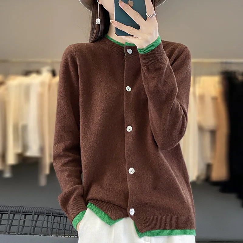 Women Autumn Winter Wool Blend Sweater O-neck Thicken Knitted Splicing Contrasting Colors Cardigan Basis ​Top Female Coat