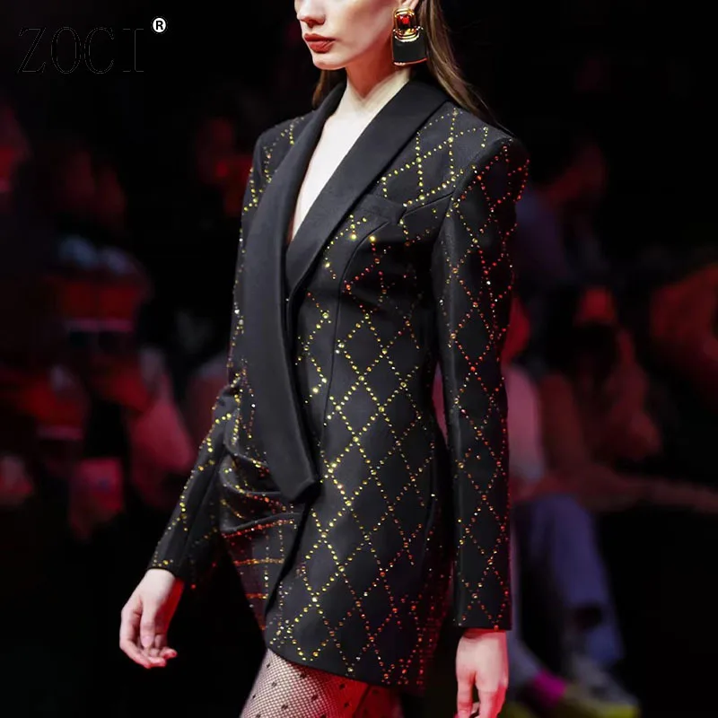 

ZOCI Plaid Wave Point Blazers For Women Fashion Design Old Money Suit Jackets Dresses Female Long Sleeve V-neck Coats 2025 New