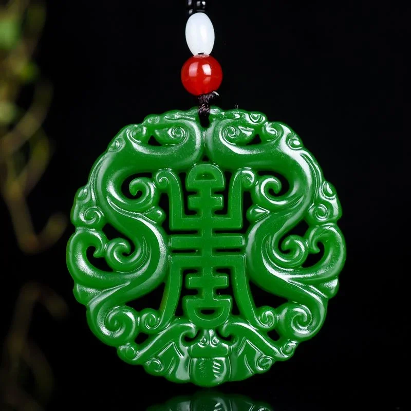 

Chinese Green jade Double Dragon Hollow-out Pendant Necklace Charm Jewellery Fashion Accessories Hand-Carved woman Luck Amulet