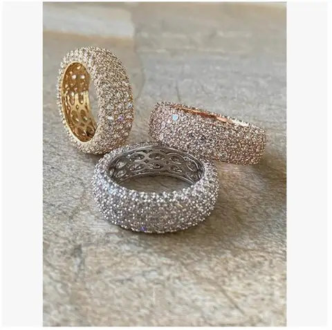 10K Solid Gold 7-Row Lab-Grown Diamond Luxury Full Diamond Wide Band Wedding Ring, Customizable in Yellow Gold and Rose Gold.