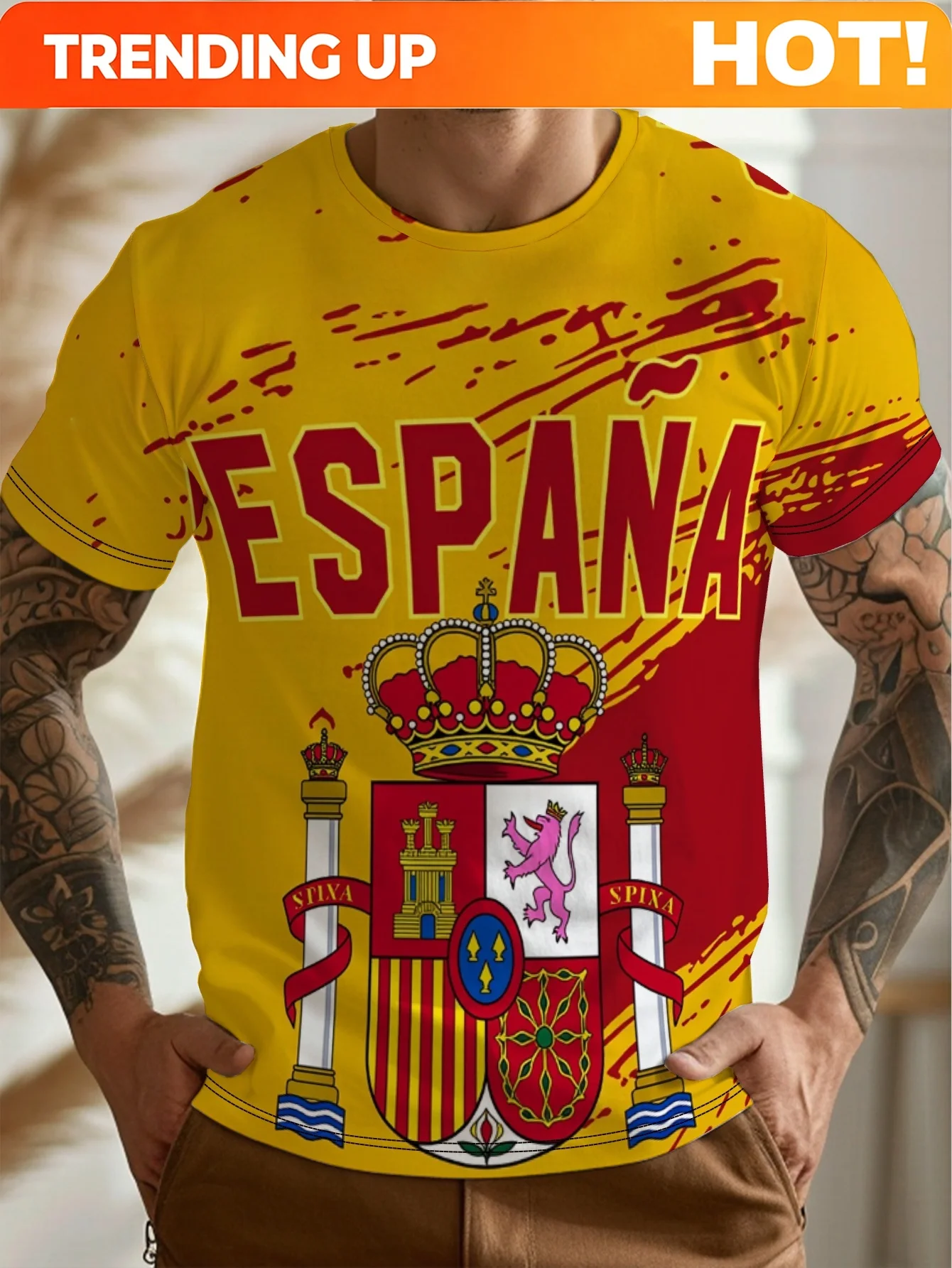 Men'S Round Neck Short-Sleeve T-Shirt with a Full-Print Design Featuring Digital Graphics of Spain