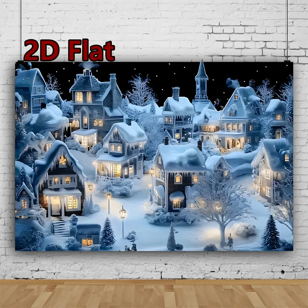 2D Flat, 1pc Snowy Winter Village Christmas Banner - Horizontal 2D Flat Christmas Town Scene with Houses & Lanterns, Durable Ind