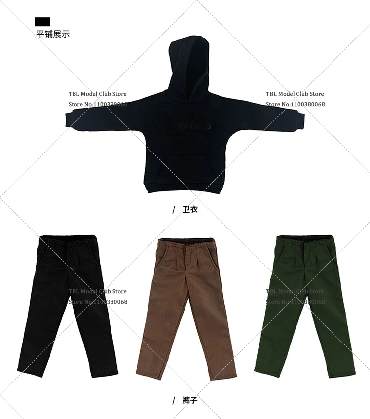 1/12 Scale Male Soldier Black Sports Hooded Pullover Trendy Casual Pants Multi Pocket Jeans Fit 6inch Action Figure Doll