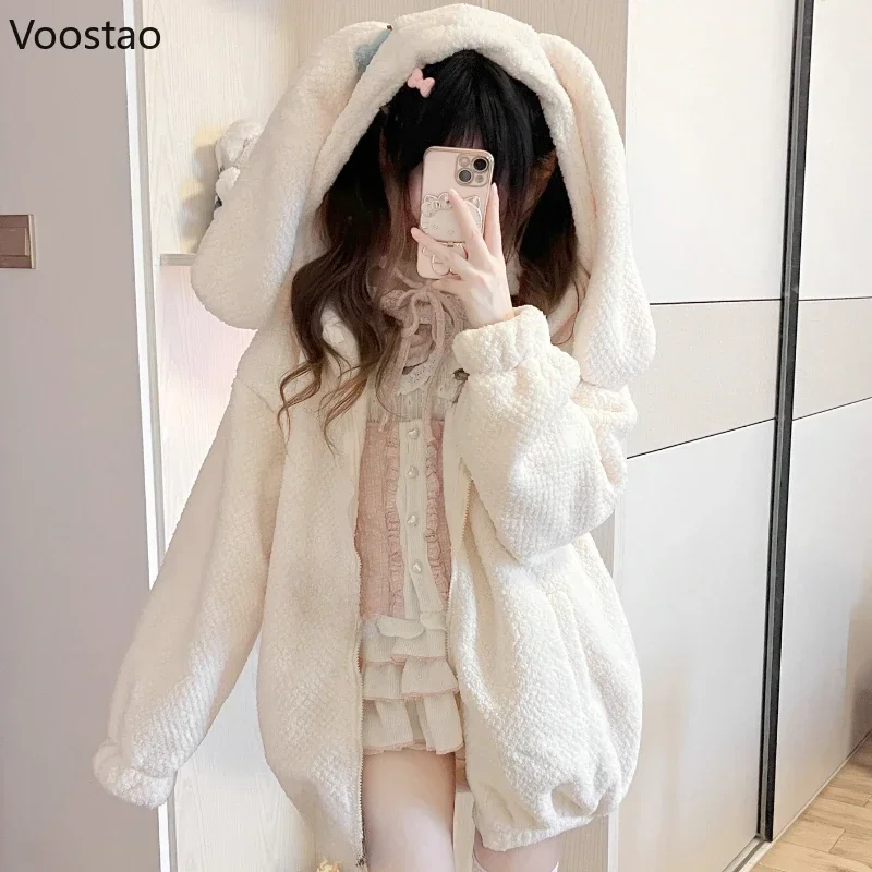 Sweet Lolita Style Rabbit Ears Hooded Coats Women Autumn Winter Fashion Oversize Warm Jackets Cute Y2k Bunny Zipper Sweatshirt