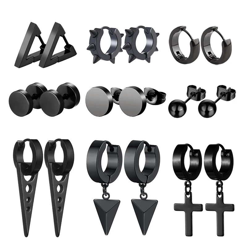 1 pair Punk Black-color Multiple Styles Stainless Steel Stud Earrings For Men and Women Street Pop Hip Hop Gothic Ear Jewelry
