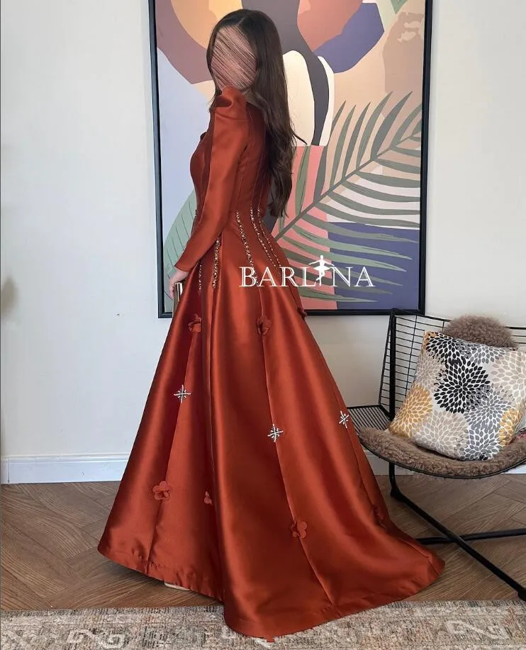Vestidos de fiesta árabes saudíes, color marrón, naranja, manga larga, cristal, Floral, personalizado, ropa de novia, vestido para ocasiones de noche