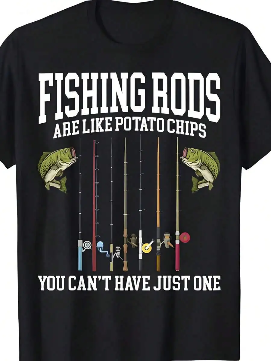 Men'S Fishing Rod T-Shirt- 100% Material Casual Crew Neck T-Shirt With 'Fishing Rods Are Like Potato Chips' Print Short Sleeve S