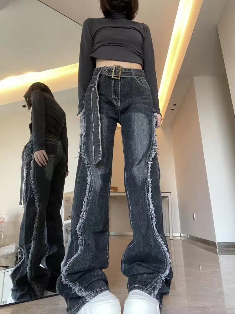 Jeans Raw Edge Design High Waist Y2K Vintage Harajuku Loose Jeans Pants Korean Fashion Women Wide Leg Denim Floor Mopping Pants