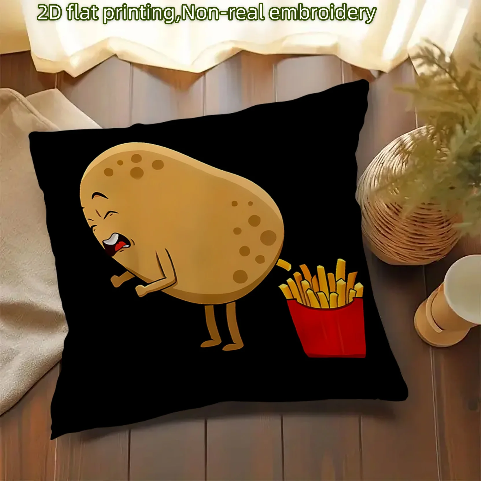 Funny Potato Pooping Fries Throw Pillow Cover Cute Cartoon Humorous Food Themed Cushion Case for Novelty Home Decor Sofa Couch