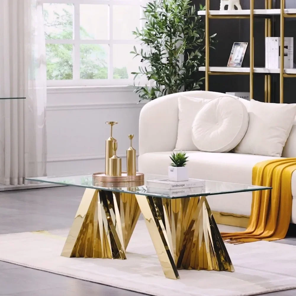 

Coffee table, 50" clear glass living room rectangular table with gorgeous gold stainless steel base