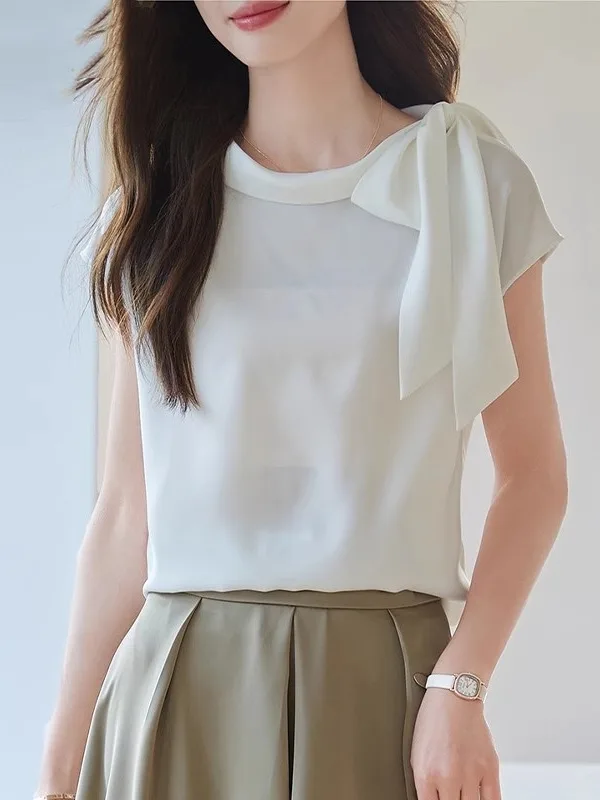

Silk Satin Women's irt Summer New Design Knot Faion Simple Ele ort Sve Top Commute Sle Slim Fit roun...