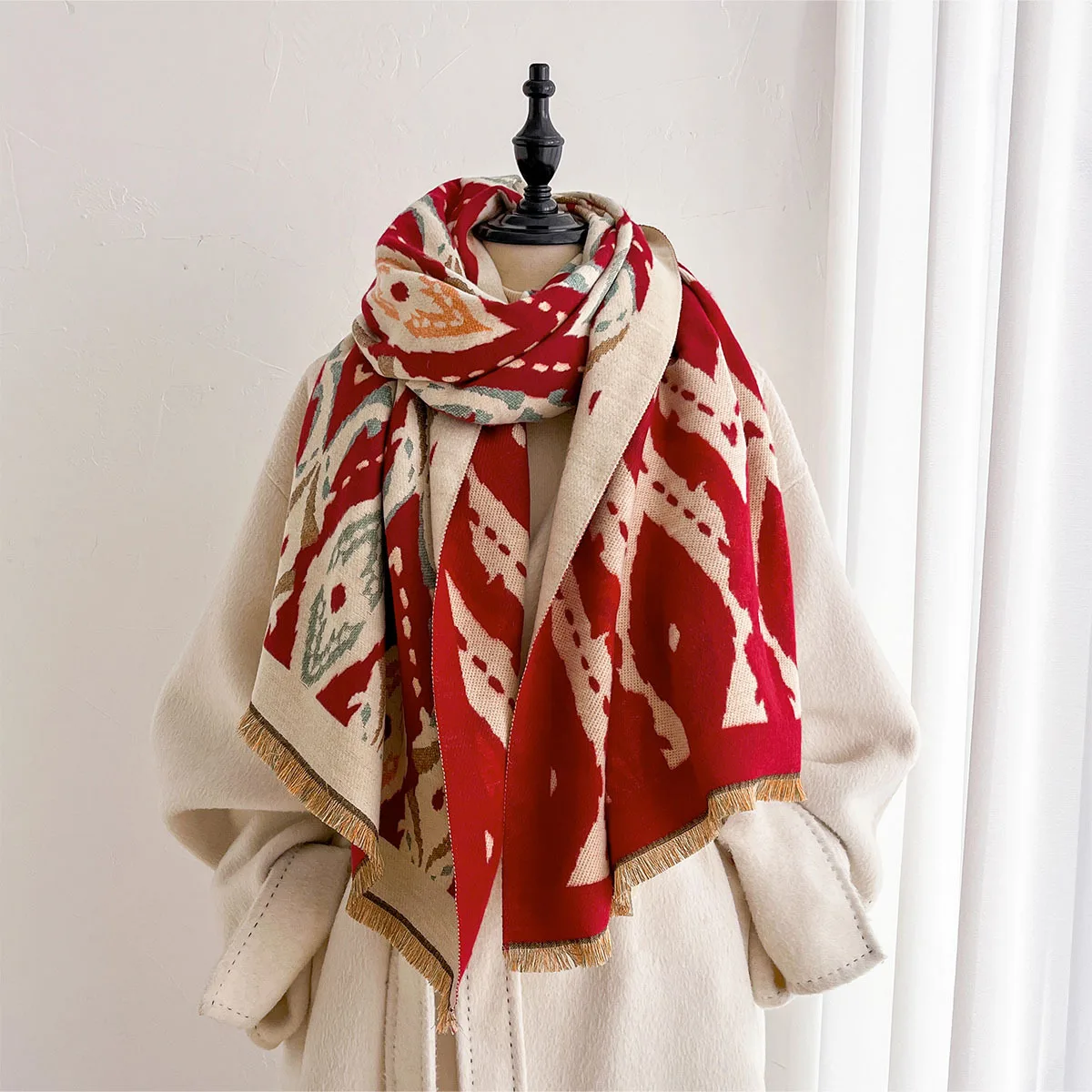 Retro Brushed Scarf for Ladies Double Face Fringed Soft Warm Shawl Wrap Cold Weather Daily Outerwear Matching Fashion Ornament