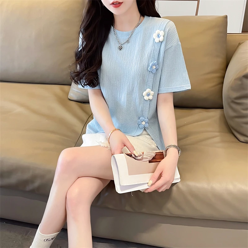 Cotton Tops Irregular Summer Chinese Style Floral Buckle Splicing Under Solid Color Spliced Short-sleeved T-shirt O-Neck Y2K