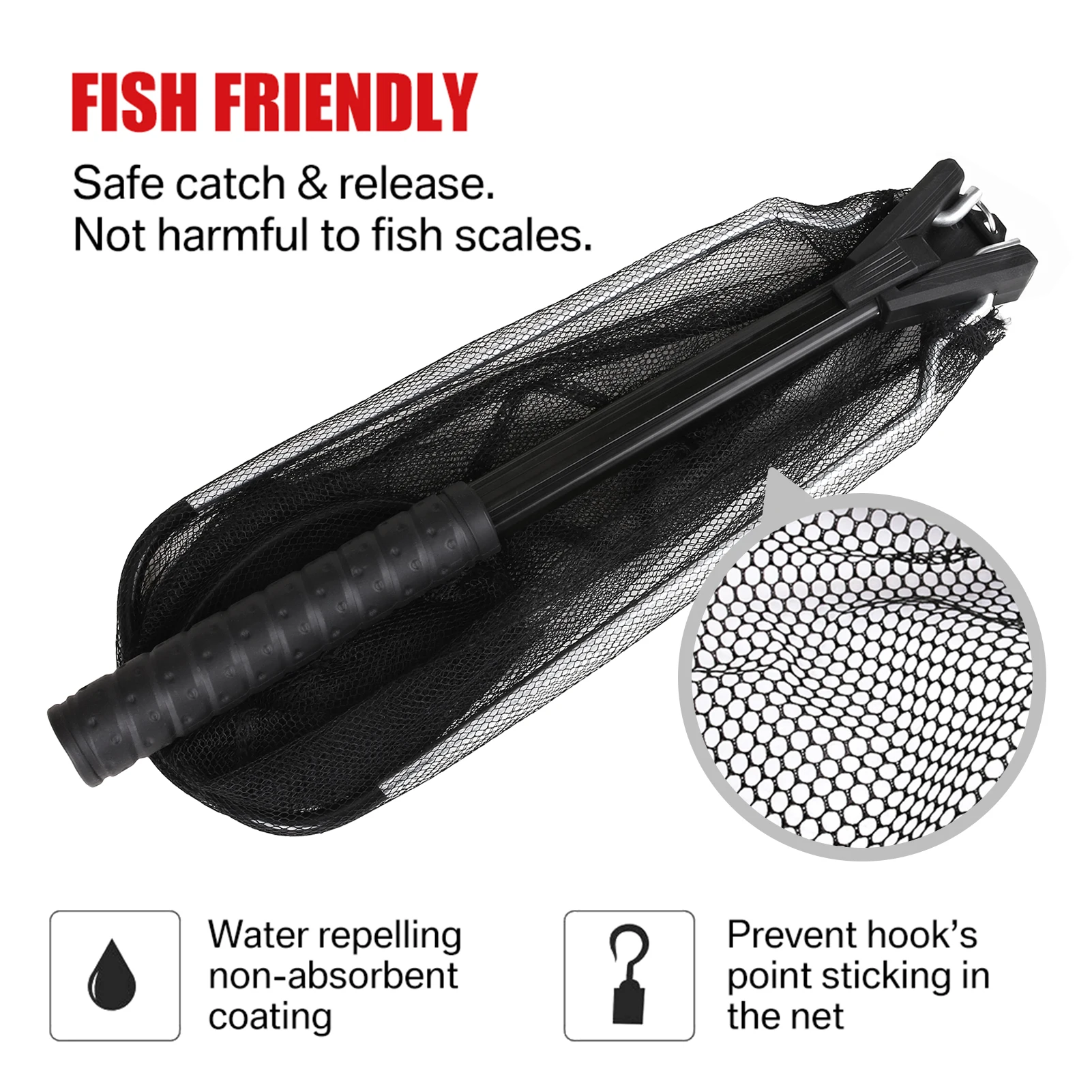 Faltbarer Fischlandungsnetz mit 55 cm Teleskopstange, gummibeschichtetem Netz, Fliegenfischernetz für Teich, Forellen, Karpfen, Fang & Freilassung – Detail 5