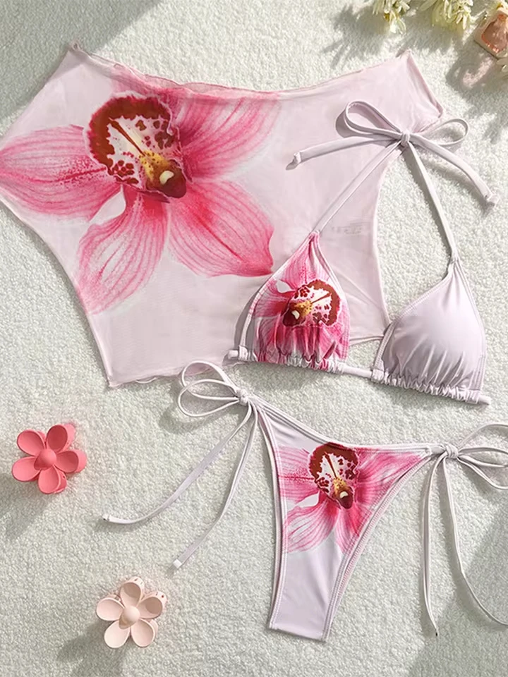 

Vzvn Fashion Sexy Print Laced Up Bikini Women Split Swimsuit Beach Bikini 2026 New All Season Backless Bikinis Smock 3 Piece Set
