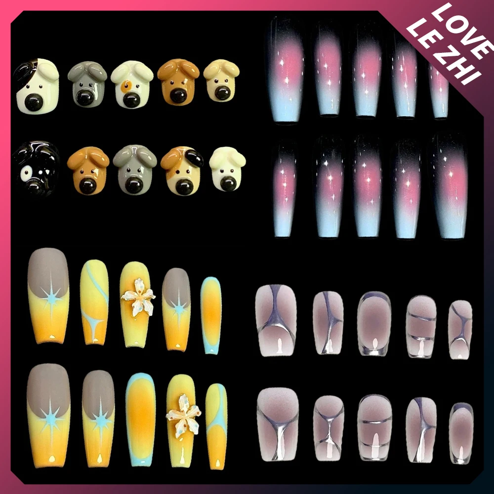 

Sweet Cool 3D Flowers Dog Handmade Coffin Almond French Gradients Fake Nails Cat Eyes Diamond Water Drop Wearable Press On Nails