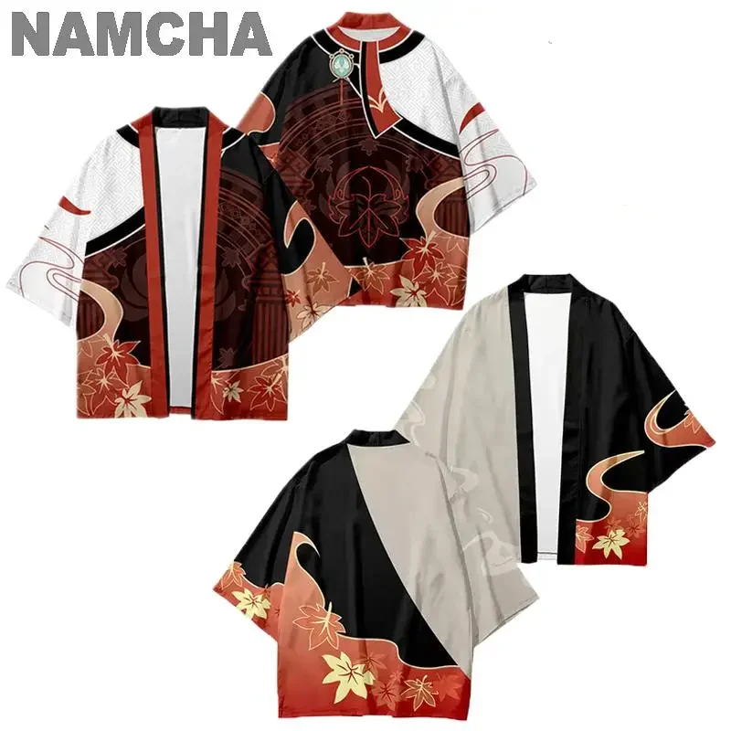 Game Kaedehara Kazuha Cosplay Kimono Color Block Maple Leaf Pattern Men\'s Loose Kimonos Cardigan, Summer Outdoor, Gift for Men