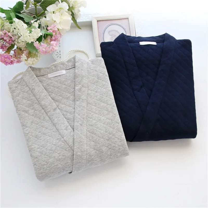 Japanese Kimono Style Men's Thick Warm Air Layer Cotton Pajama Set, Long Sleeve & Relaxed Fit, Cozy Soft Fall Winter Home Lounge