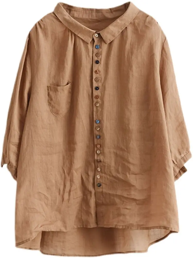 Camicetta in lino di cotone blu con bottoni vintage ort Sve irt da donna di marca originale