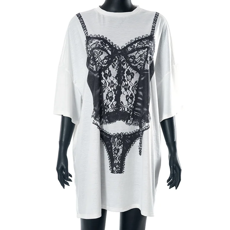 2026 Summer New Contrasting Lace Underwear Printed Round Neck Short-sleeved Loose Top T-shirt