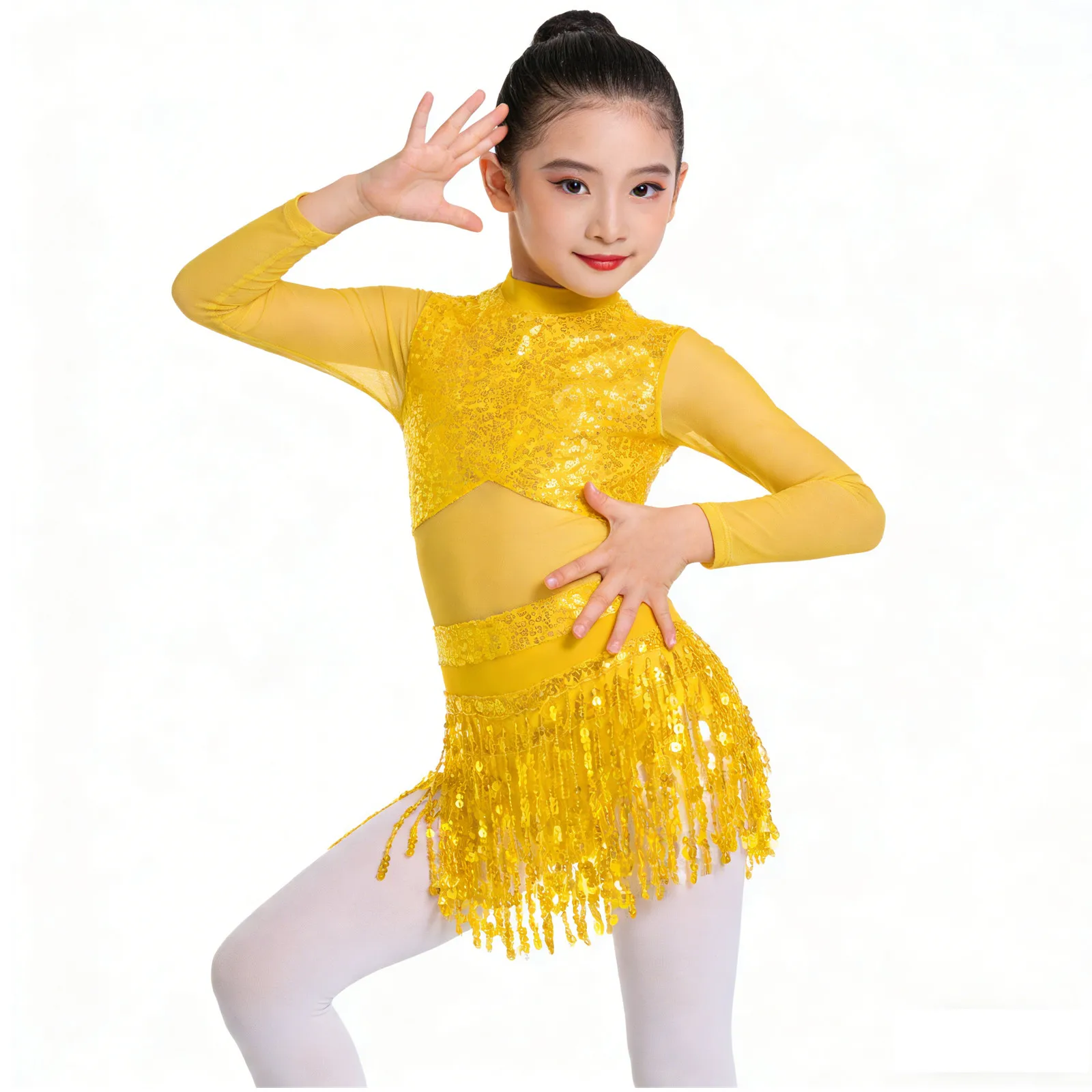 Kids Girls Jazz Ballet Dance Dress Performance Costume Mesh Long Sleeve Round Collar Shiny Sequin Hollow Back Tassel Dance Dress