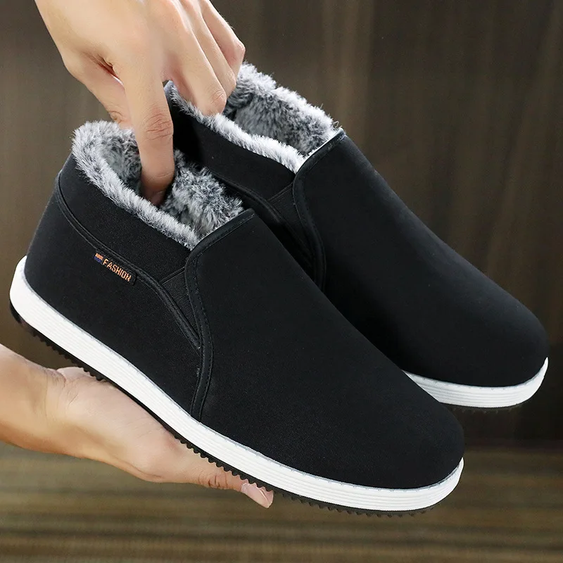 

Thickened Fleece Lined High Top Work Shoes Men's Beijing Cotton Shoes Anti-slip Winter Long Velvet Black Casual Shoes