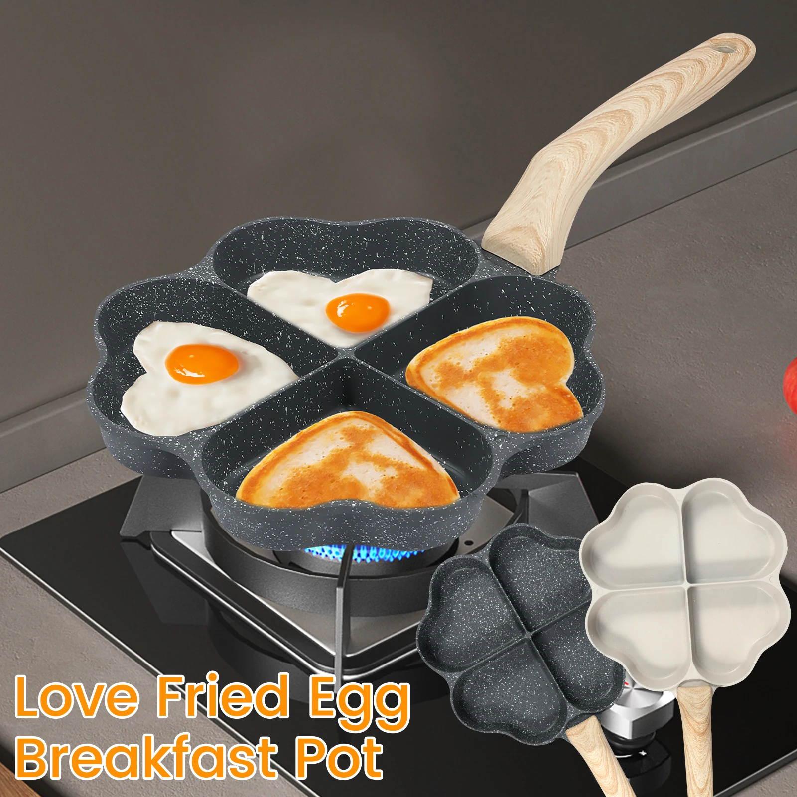 Egg Frying Pan 4-Cup Heart Omelette Pan Non-Stick Egg Skillet with Wooden Handle Aluminum Alloy Egg Cooker Pan Effortless to