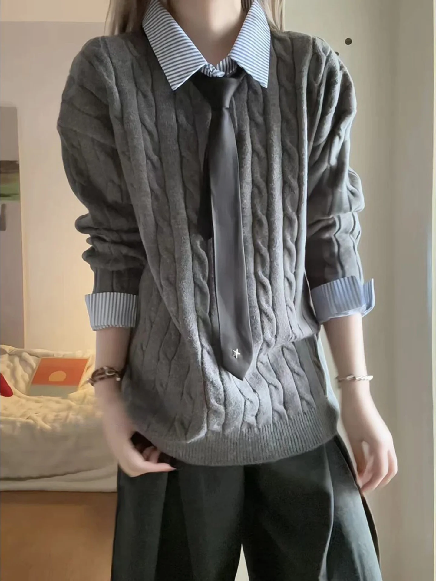 

American Sle Men's Knitted Sweater with irt Collar Lazy Sle Inner Wear Base irt College Sle Triangular Pattern Knit...