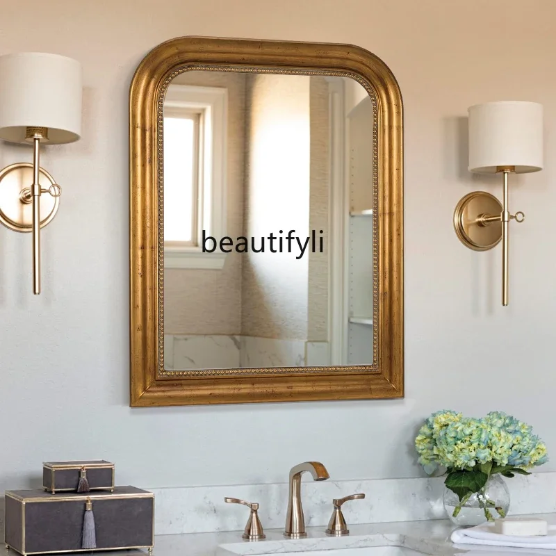 European-Style Retro Bathroom Mirror Luminous Makeup Mirror Wall-Mounted French Anti-Fog Bathroom Mirror