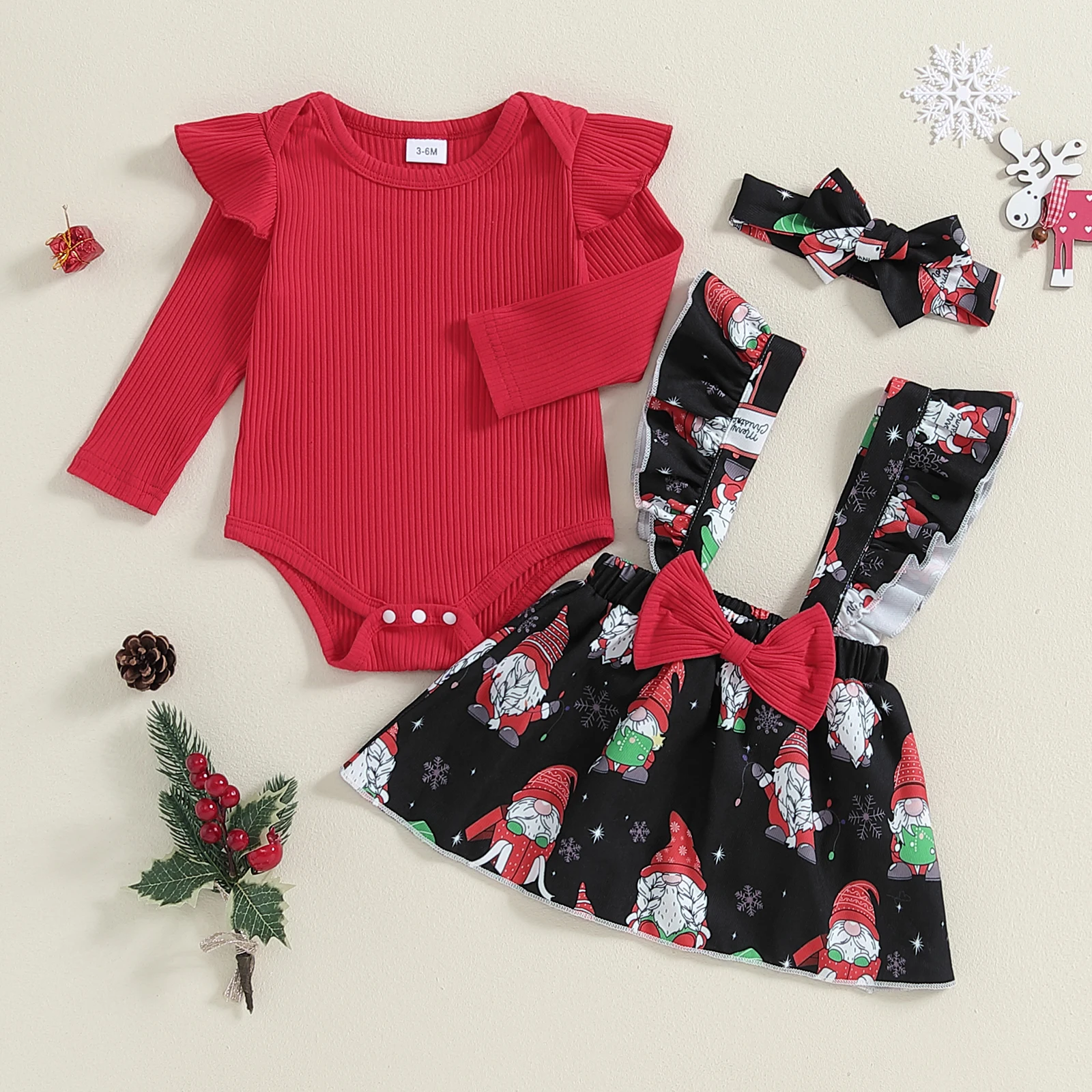 Tregren Baby Girl Christmas Outfit Ruffle Long Sleeve Ribbed Romper Santa Claus Print Suspender Skirt Headband 3 Piece Set