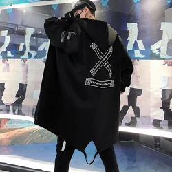 New Autumn Men Jacket 5XL Printed Hooded Long Coat Black And White 2025 Hip Hop Streetwear Men's Jackets Outwear Overcoats