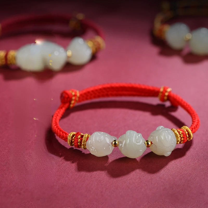 

Red Rope Bracelet Hetian Jade Woven Hand Strap Three-in-One