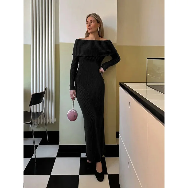 Bonny moda abito lungo in maglia con spalle scoperte femminile a costine allentato a vita alta elegante abito da festa autunnale abito maxi in maglieria da donna