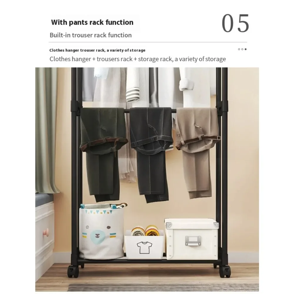 Movable Coat Rack Simple Double Rod Clothes Racks Bedroom Floor-Standing Hangers with Wheel Storage CoatRack Clothes Storage