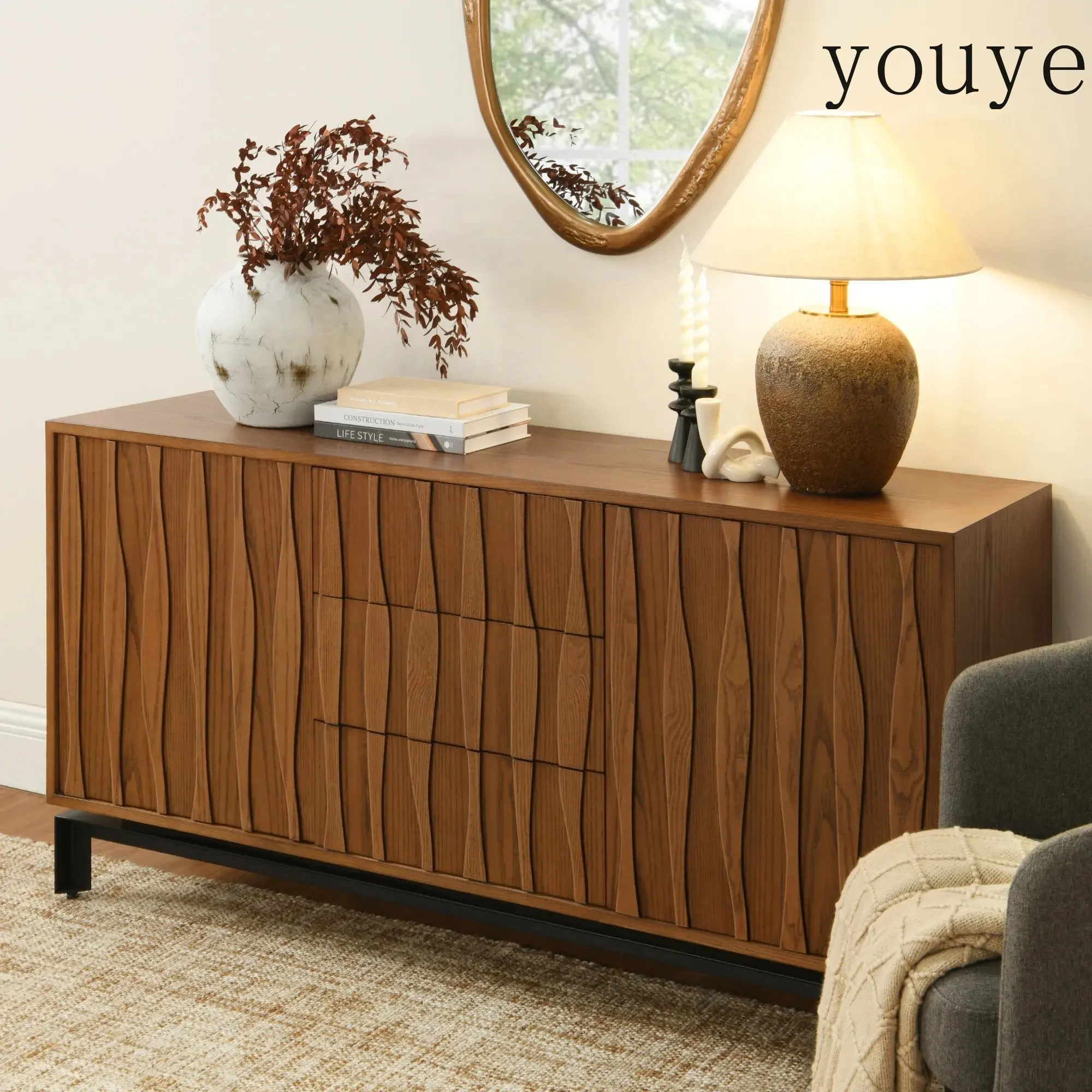 Modern simple solid wood dining side cabinet, antique designer living room storage locker, wave door panel locker