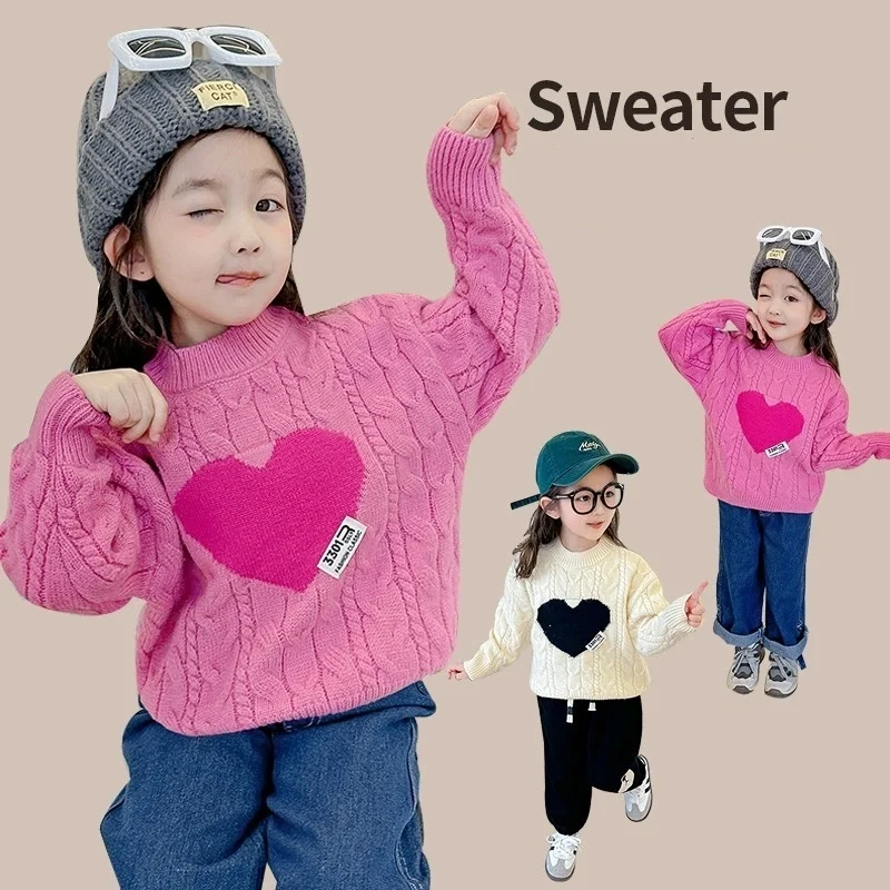 

Повседневная модная детская одежда: свитер для девочек, новинка 2026 года, весна-осень, в корейском стиле, милый детский топ с рисунком