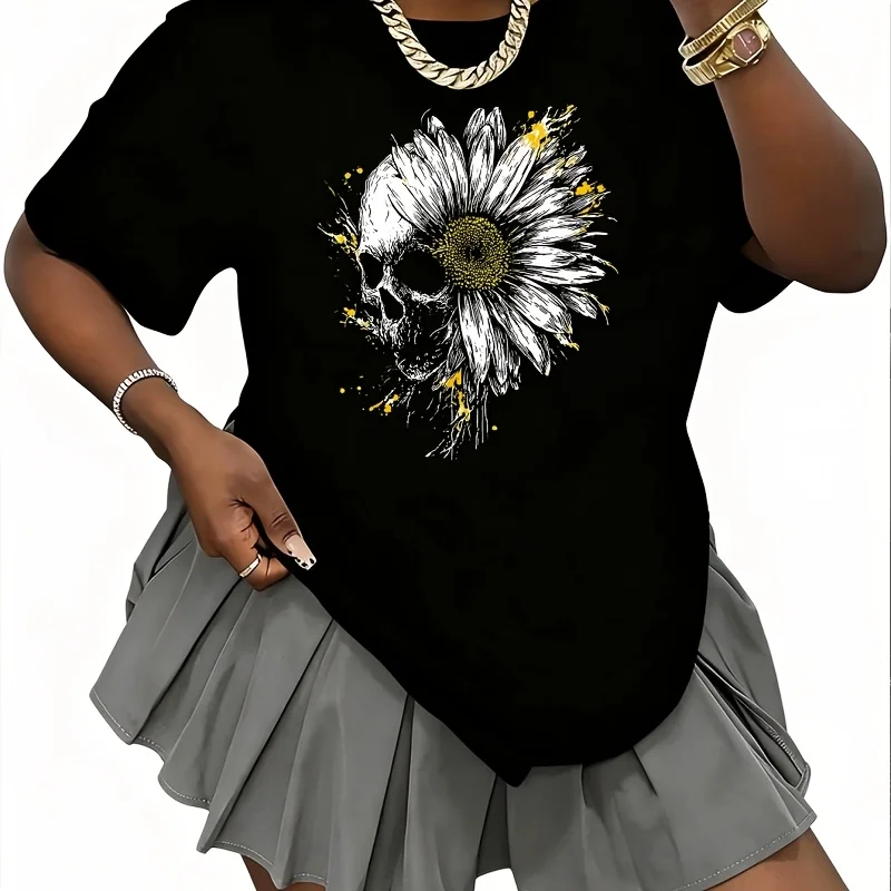 Halloween Daisy Flower Skull Painting Art Drawing Women's T-Shirt 100% Cotton Fun Print Short Sleeve Top Casual Round Neck Tee S-5Xl