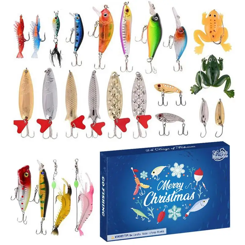 Fishing Lure Advent Calendar 24 Days Countdown To Christmas Bait Kit Shrimp Wave Climbing Fishing Set 24 Unique Lures For boys