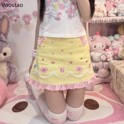 Japanese Kawaii Lolita Skirt Women Sweet Cute Bow Cartoon Rabbit Embroidery Mini Cake Skirts Girls Y2k Aesthetic Ruffles Skirt