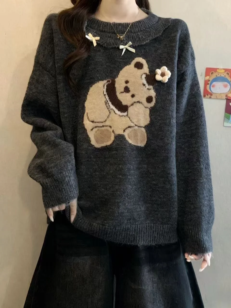 

plus Size Soft Bear Knitted Sweater Women's Sweet Bow Tie Loose Beautiful Woolen Top for Autumn Winter Comfortable Breathable