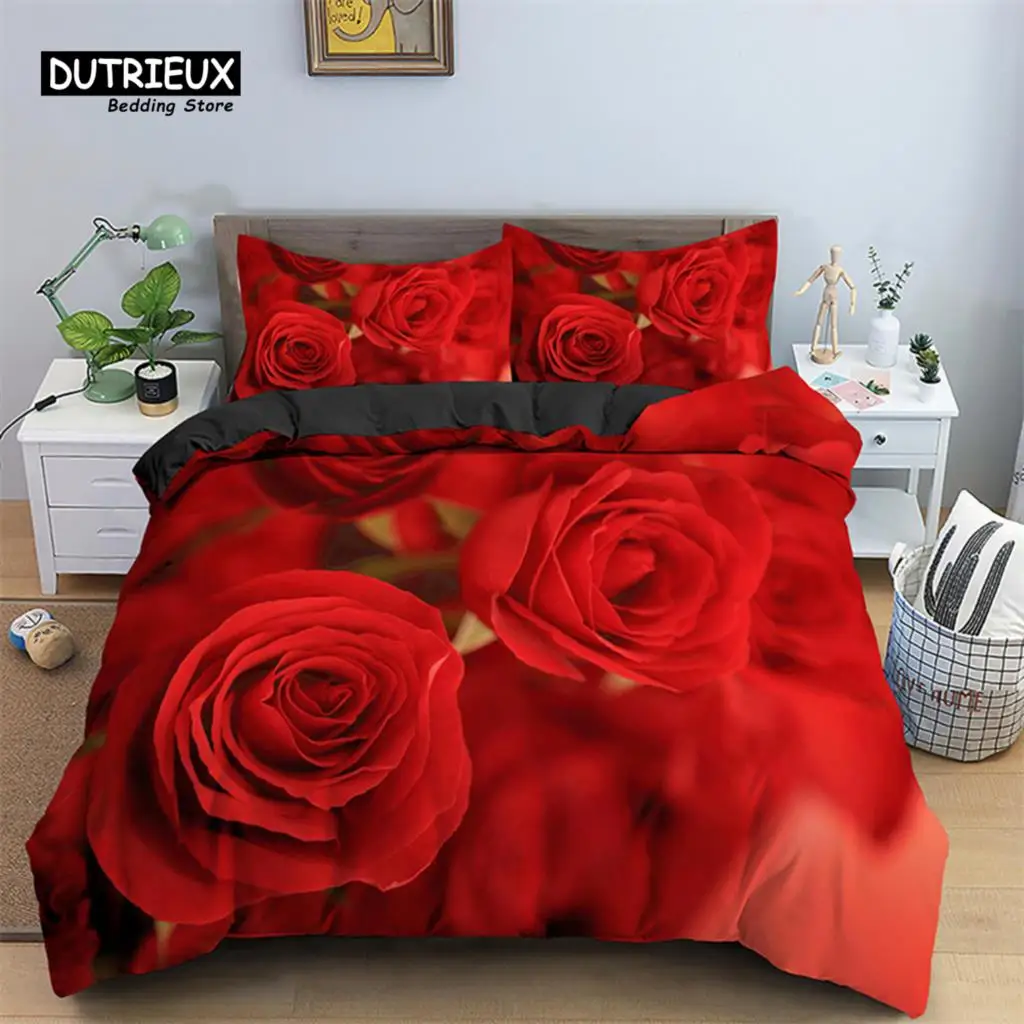 Floral Duvet Cover Set Full Size 3D Red Rose Bedding Set Microfiber Romantic Flowers Quilt Cover Wedding Valentine's Day Decor