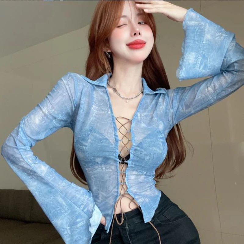 Lace-up Blouses Women Flare Sleeve Ladies Summer Sun-proof American Retro Hotsweet Tie Dye Personality Thin Fashion Ulzzang Chic